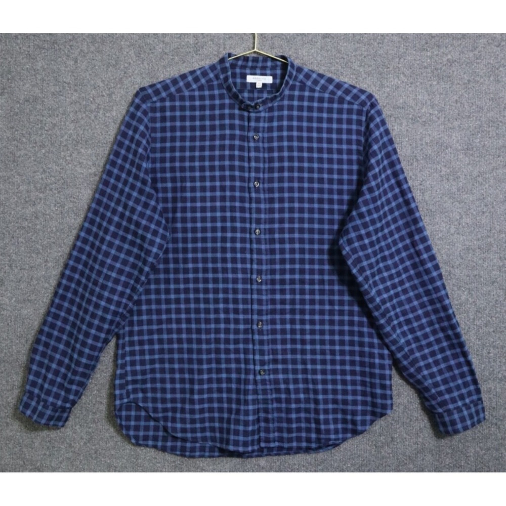 Boglioli Shirt Men 40 Blue Plaid Grandad Garment-Dyed Check‎ Button Up Linen EUC